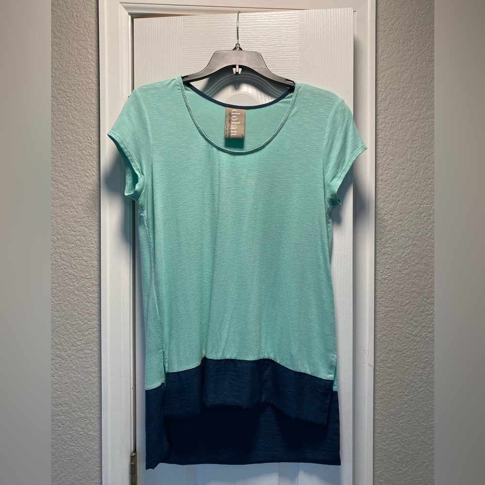 Anthropologie (Dolan Brand) blue combo short-sleeve shirt, longer in back.